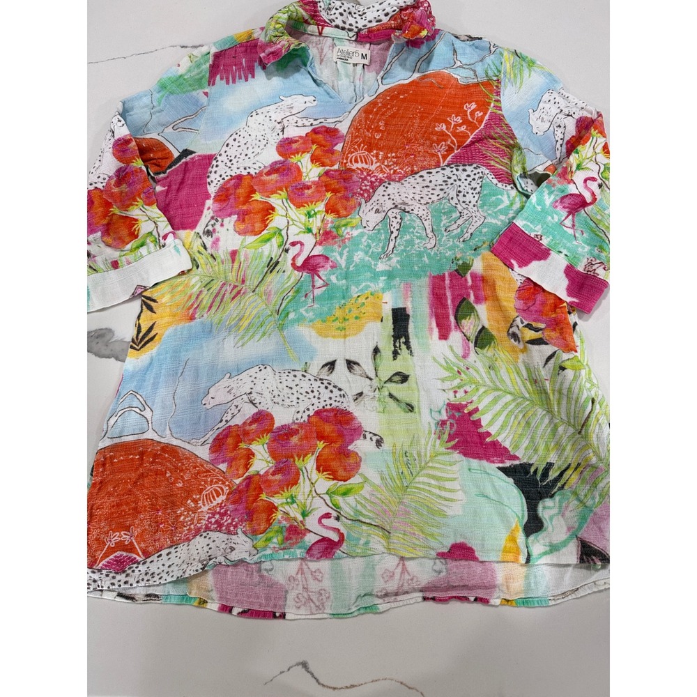 Atelier5 Gozde Yilmaz Safari Print Gauze Tunic Top Cheetah Flamingo Womens M